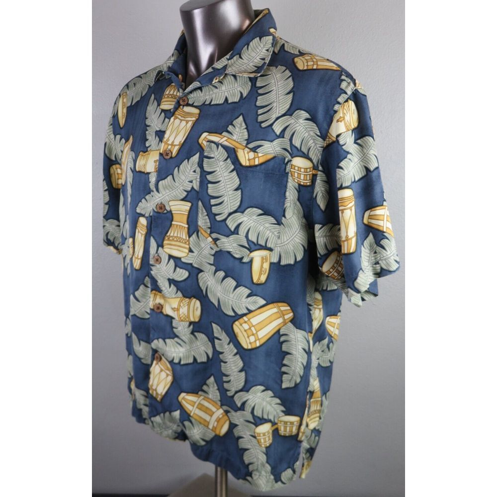 Mens Tommy Bahama‎ Short Sleeve Button Front Hawaiian Shirt L Silk Blue Drums - Picture 3 of 5